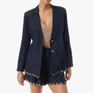 Sam Edelman Enola Scalloped Hem Linen Navy Blazer with Gold Accents NEW NWT